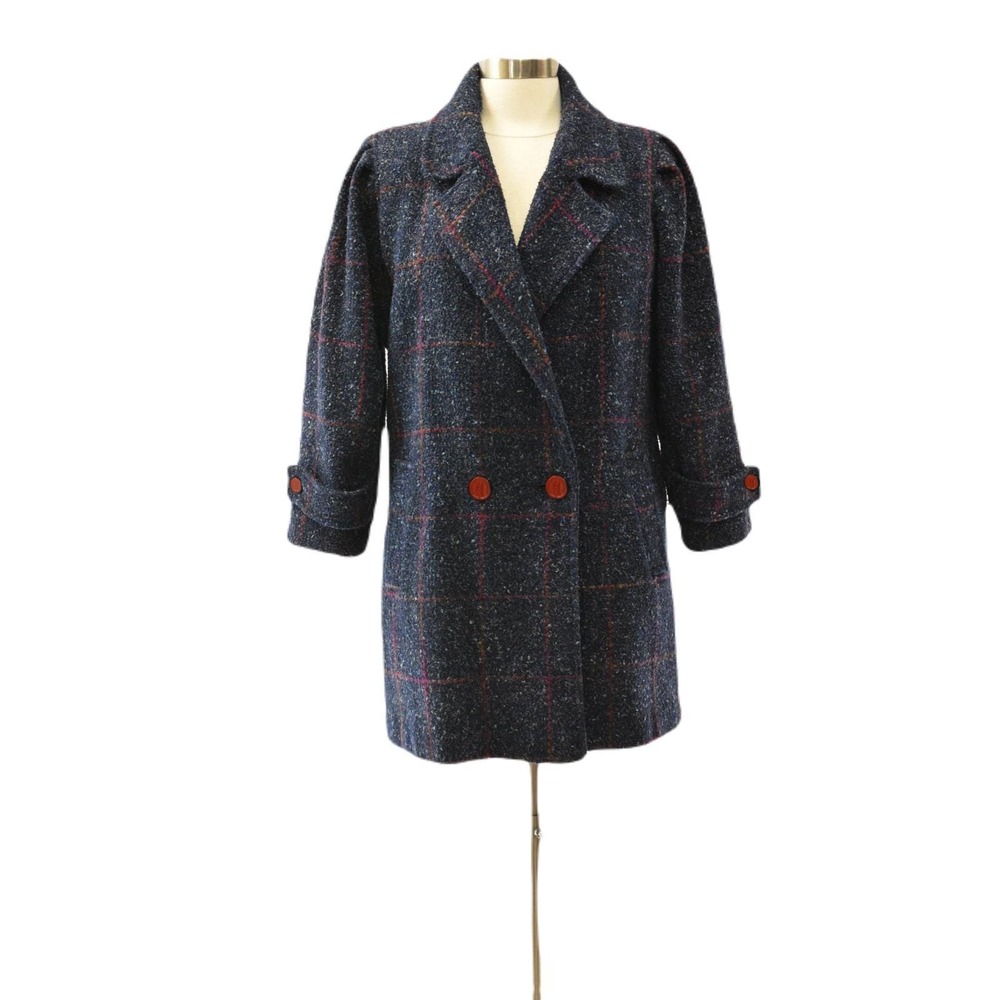 Women's Textured Vintage Coat Size 8 Navy Blue Window Paint Plaid Saril
